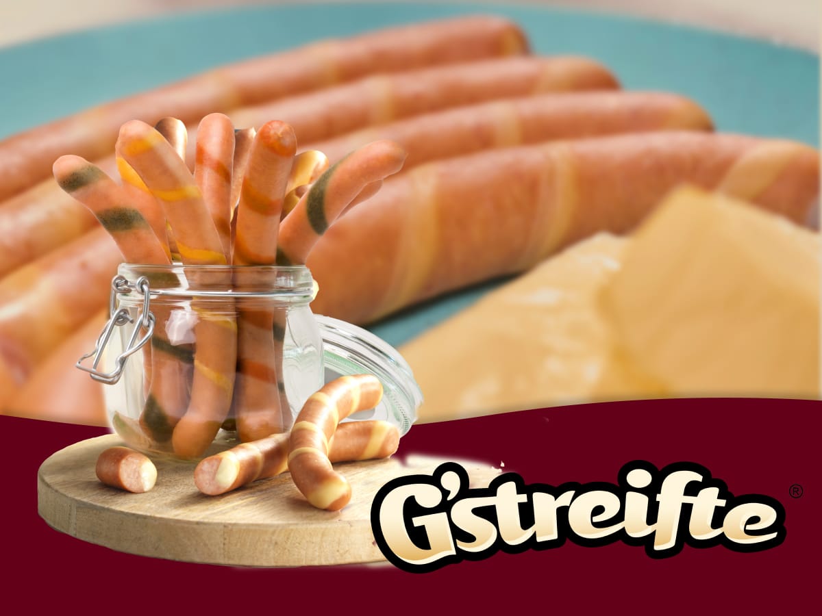 G’streifte: die Wurst für jeden Geschmack – mit farbenfrohen Extras wie Käse, Paprika oder Kräutern.